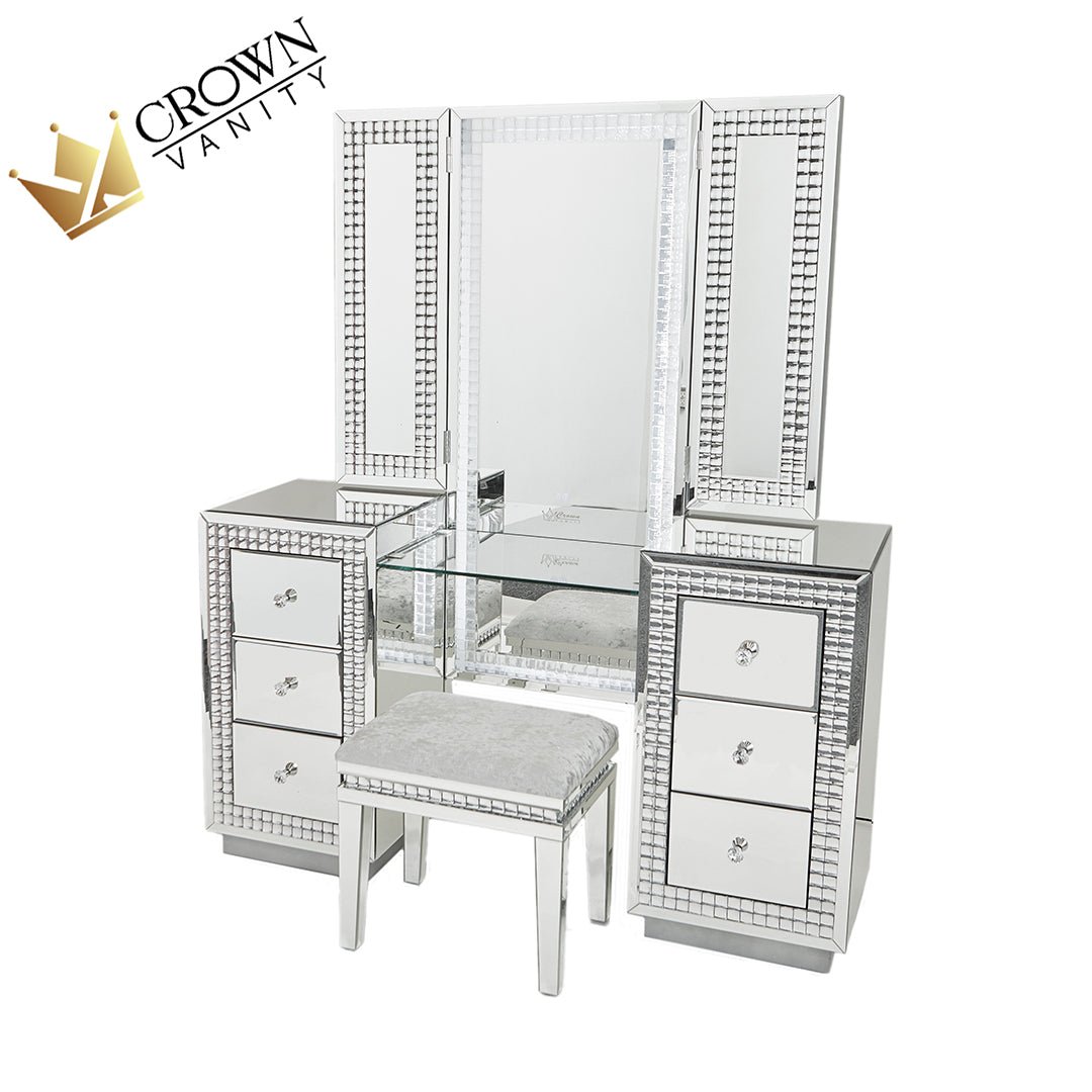 Claire All Mirrored Glam Makeup Vanity Station SILVER W - STOOL - Crown Vanity impressions vanity