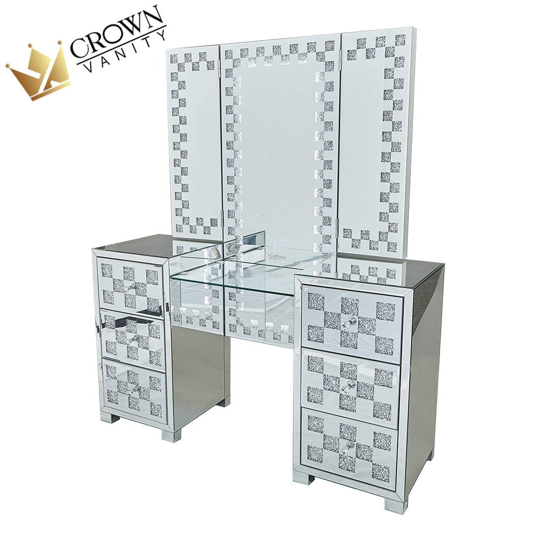 Cameron All Mirrored Glam Makeup Vanity Station SILVER W - STOOL CrownVanity