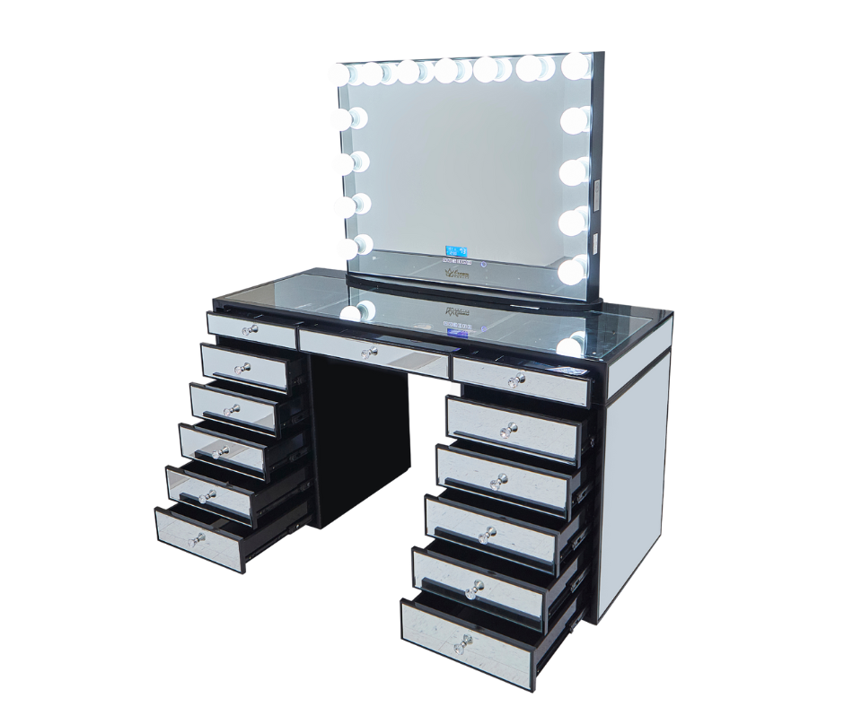 Eva Mirrored Hollywood Makeup Vanity Station Black CrownVanity