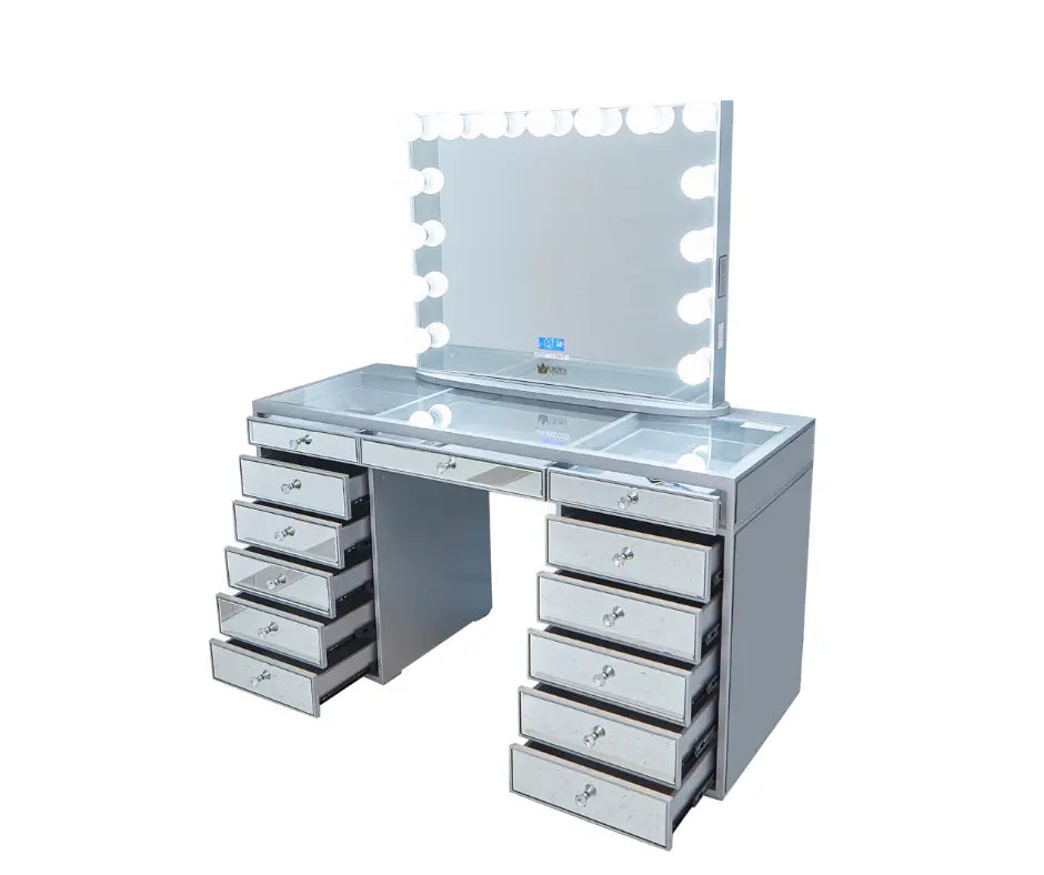 Silver vanity set with lighted mirror deals