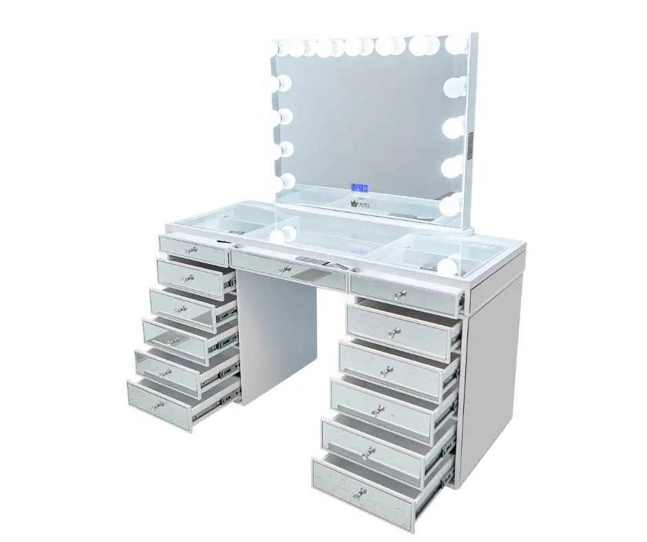 Flash Sale - Sofia Mirrored Hollywood Makeup Vanity Station White - Crown Vanity impressions vanity