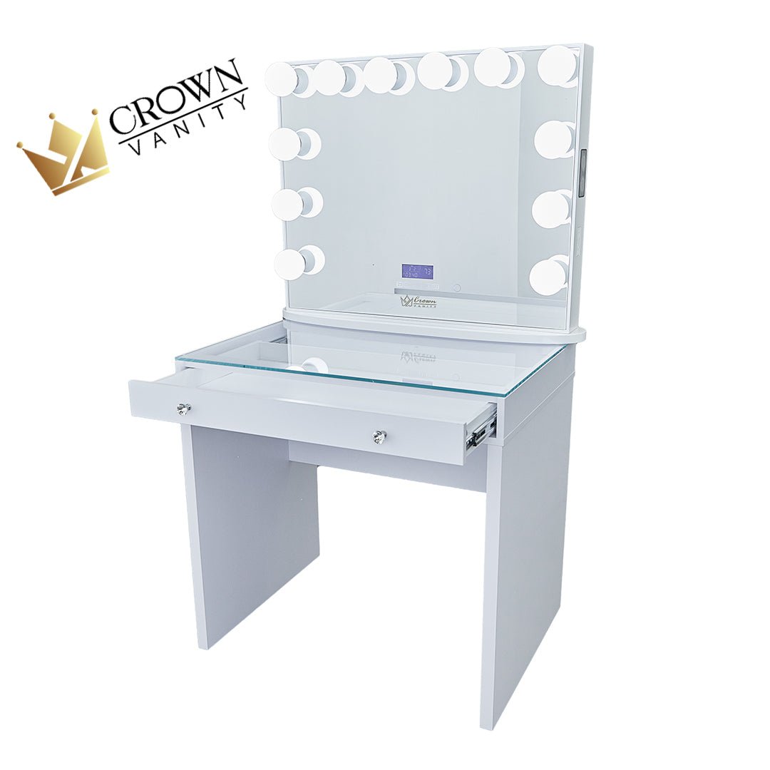 SlayStation Mini Table With Bluetooth Mirror White CrownVanity