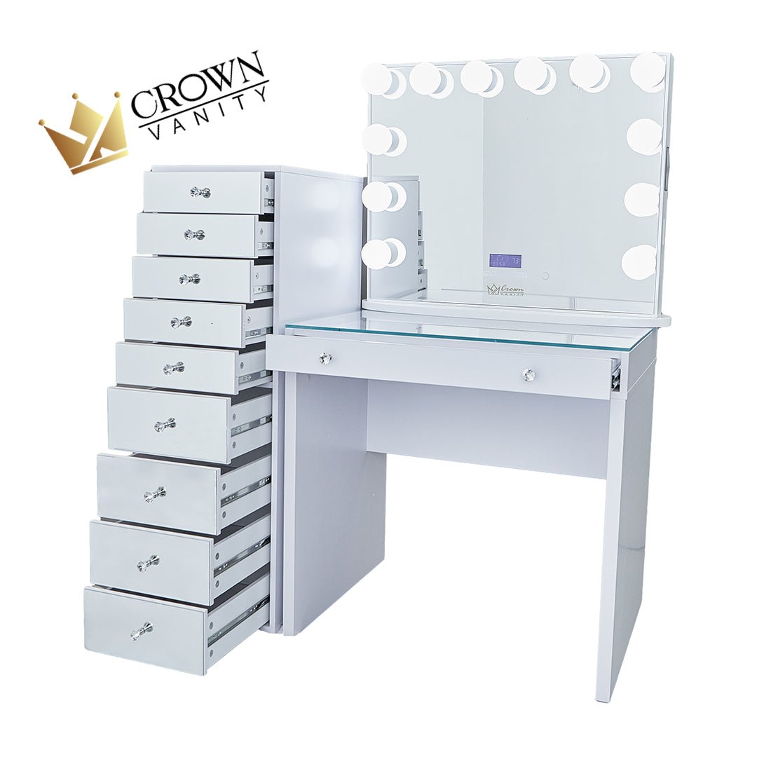 SlayStation Mini Table With Bluetooth Mirror White (bundel) + 9 Drawers Chest CrownVanity